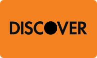The Discover logo displays the word "DISCOVER" in black capital letters on an orange background, with a solid black circle replacing the "O".